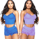 Sexy Women Lace Pajama Sets Sleeveless Strap Sleepwear 2pcs Trim Satin Top Nightwear Nightgowns Lingerie Pijamas