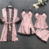 Hot style pure color satin sexy nightwear four-piece women sleepwear with breast pad