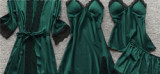 Hot style pure color satin sexy nightwear four-piece women sleepwear with breast pad