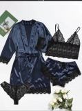 Sexy Sleepwear Ladies Luxury Pink Satin Lace Long Robe Pajamas 4 Pcs Set Nighty Pajamas Women's Sleepwear 	Pajama Sets