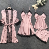 Hot style pure color satin sexy nightwear four-piece women sleepwear with breast pad