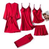 Coldker Satin Lace Pajamas Set Women 5PC Strap Top Pants Sleepwear Sleep Suit