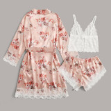 Pijamas Lace Sexy Pajamas Printed Yukata Nightgown 3 Piece Set Sling Ladies Lounge Wear Silk Ladies Homewear Women'S  Sleepwear