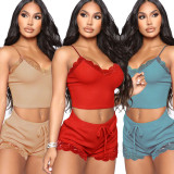 Sexy Women Lace Pajama Sets Sleeveless Strap Sleepwear 2pcs Trim Satin Top Nightwear Nightgowns Lingerie Pijamas