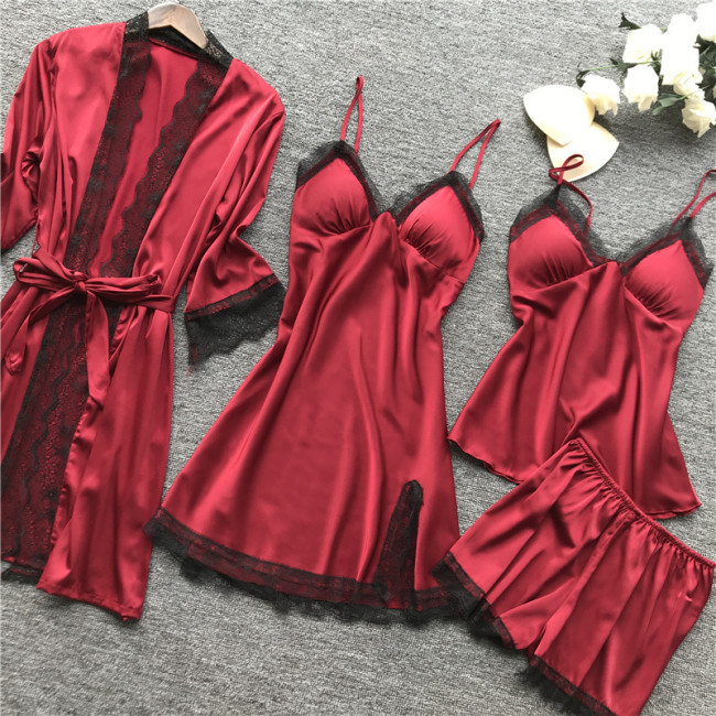 Hot style pure color satin sexy nightwear four-piece women sleepwear with breast pad