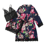 Wholesalers Luxury Pajamas Set Custom Satin Printed Nightgown 3pcs Lace Transparent Lounge Wear Sexy Plus Size Women'S Sleepwear