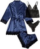 Sexy Sleepwear Ladies Luxury Pink Satin Lace Long Robe Pajamas 4 Pcs Set Nighty Pajamas Women's Sleepwear 	Pajama Sets