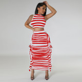 M7813 Women's 2023 Summer New Stripe Open Umbilical Tight Sleeveless Tank Skirt Two Piece Set