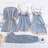 Sleep Suit Spring Autumn Pyjamas Homewear Nightwear Robe Gown, Women 5PC Strap Top Pants Sleepwear Satin Lace Pajamas Set