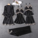 Womens Pajamas Summer Set Strap Sling Pants 5PC Sleepwear Satin Lace Spring Autumn Pyjama Manufacturers Robe Sexy Femme