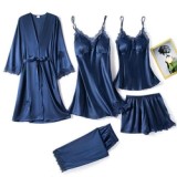 Sleep Suit Spring Autumn Pyjamas Homewear Nightwear Robe Gown, Women 5PC Strap Top Pants Sleepwear Satin Lace Pajamas Set