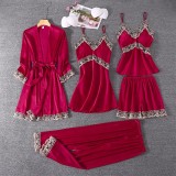 Womens Pajamas Summer Set Strap Sling Pants 5PC Sleepwear Satin Lace Spring Autumn Pyjama Manufacturers Robe Sexy Femme