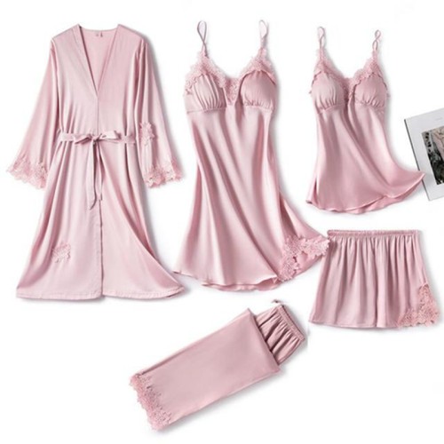 Sleep Suit Spring Autumn Pyjamas Homewear Nightwear Robe Gown, Women 5PC Strap Top Pants Sleepwear Satin Lace Pajamas Set