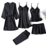 Sleep Suit Spring Autumn Pyjamas Homewear Nightwear Robe Gown, Women 5PC Strap Top Pants Sleepwear Satin Lace Pajamas Set