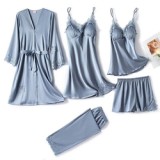 Sleep Suit Spring Autumn Pyjamas Homewear Nightwear Robe Gown, Women 5PC Strap Top Pants Sleepwear Satin Lace Pajamas Set