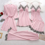 Sleep Suit Spring Autumn Pyjamas Homewear Nightwear Robe Gown, Women 5PC Strap Top Pants Sleepwear Satin Lace Pajamas Set