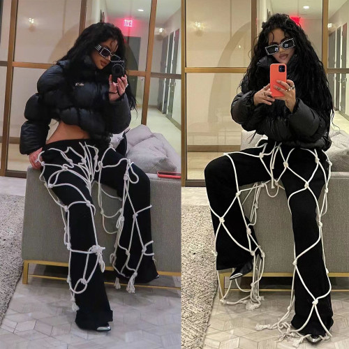 BN7279 Wholesale dark black style characteristic tied rope decorative speaker pants (including pockets)