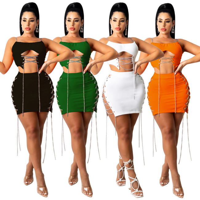 X5230 2023 fashion 4colors women 2 piece chain hollow top with strappy skirt two piece skirt set