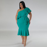 Wholesale Fashion Plus Size Women'S Clothing Dresses Women Casual Summer 2023  One Shoulder Slim Fit Ruffle Dress
