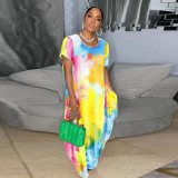 Sharee Good Quality Loose Casual Beach Dress Irregular Print Women's Thin Round Neck Short Sleeve Maxi Dress