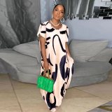 Sharee Good Quality Loose Casual Beach Dress Irregular Print Women's Thin Round Neck Short Sleeve Maxi Dress