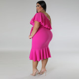 Wholesale Fashion Plus Size Women'S Clothing Dresses Women Casual Summer 2023  One Shoulder Slim Fit Ruffle Dress