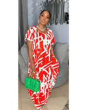 Sharee Good Quality Loose Casual Beach Dress Irregular Print Women's Thin Round Neck Short Sleeve Maxi Dress