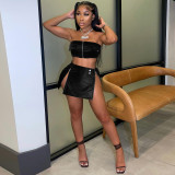 2023 Summer With Zipper Button Slit Women Two Piece Crop Top Leather Skirt Set Pu Women 2 Piece Sets