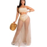 F264-women summer skirt suit corset crop top with mesh maxi skirt summer 2 piece skirt set