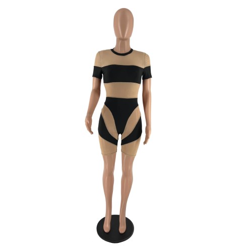 Wholesale Summer 2023 Women Clothing Patchwork Mesh short Jumpsuit Sexy Bodysuit Club Wear New Arrivals