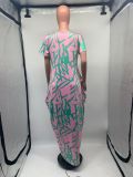 Sharee Good Quality Loose Casual Beach Dress Irregular Print Women's Thin Round Neck Short Sleeve Maxi Dress