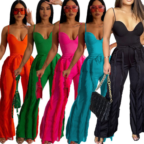 2023 Summer Women Fashion Clothing 2 Piece Pants Sets Casual Solid Sexy Halter Two Pieces Set with Tassel 2023 Women Suit Sets