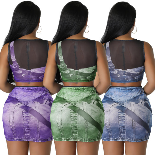 Women'S Skirt 2 Piece Set Women Summer 2023 Printed And Mesh Patchwork Two Piece Set Women Clothing Summer Sets