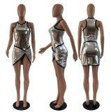 Trending Women Clothes 2023 Sexy Club Glossy Skirt Two 2 Piece Set Summer Shinny bodysuits top mini metallic skirt set