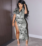 S390471 Baolingshop Camo Skirts Outfits 2 piece Set Women Boutique Clothing 2023 Street wear Button Shirts Split Long Skirt Camouflage Skirt Suits
