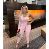 2023 Fashion Women'S Sets Sexy Solid Color One Sleeve Irregularity Top Two Piece Trousers Set For Women