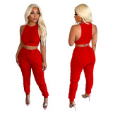 New Trendy Solid Color Sleeveless Vest Top Pleated Stacked Pants Summer Casual Women Two Piece Pants Set