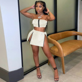 2023 Summer With Zipper Button Slit Women Two Piece Crop Top Leather Skirt Set Pu Women 2 Piece Sets