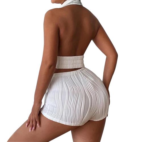 Peeqi XM1241 Summer new women's 2pc outfits sexy pleated backless sleeveless tassel patchwork two-piece panty suit for lady