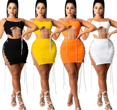 X5230 2023 fashion 4colors women 2 piece chain hollow top with strappy skirt two piece skirt set