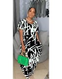 Sharee Good Quality Loose Casual Beach Dress Irregular Print Women's Thin Round Neck Short Sleeve Maxi Dress