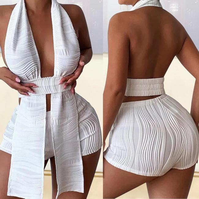 Peeqi XM1241 Summer new women's 2pc outfits sexy pleated backless sleeveless tassel patchwork two-piece panty suit for lady