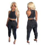 New Trendy Solid Color Sleeveless Vest Top Pleated Stacked Pants Summer Casual Women Two Piece Pants Set