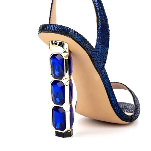 Sexy Royal Blue Diamond Rhinestone Chunky High Heel Women Dress Shoes Snakeskin Black White Ankle Strap Big Size Open Toe Sandal