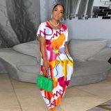Sharee Good Quality Loose Casual Beach Dress Irregular Print Women's Thin Round Neck Short Sleeve Maxi Dress