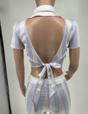 Summer Shorts Outfits 2 Piece Set Sexy Clothes 2023 Fashion Short Sleeve Lace Up Backless Striped Two Piece Shorts Set Women