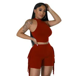 Fashion 2 Piece Short Set Women Summer 2023 Clothing Casual Sleeveless Tops And Tassel Short Two Piece Women Short Tracksuit Set