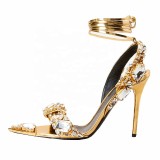 Wholesale Luxury Women Gold Gem Pointed Toe High Stiletto Lace Up Rhinestone Heels Sandals