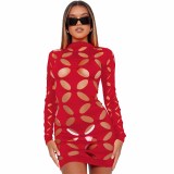 2023 New arrivals solid color long sleeve mid dresses fashion round neck hollowed out floral dress women's sexy dresses