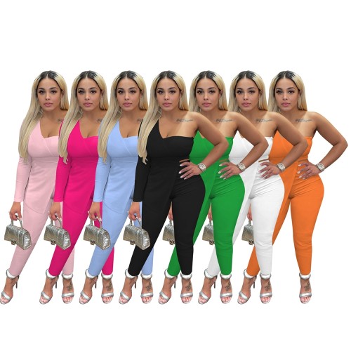 2023 Fashion Women'S Sets Sexy Solid Color One Sleeve Irregularity Top Two Piece Trousers Set For Women